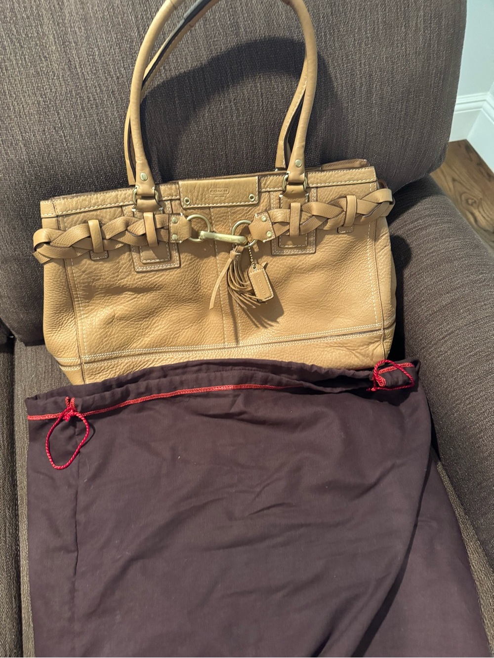 Coach Tan Braided-Trim Shoulder Bag